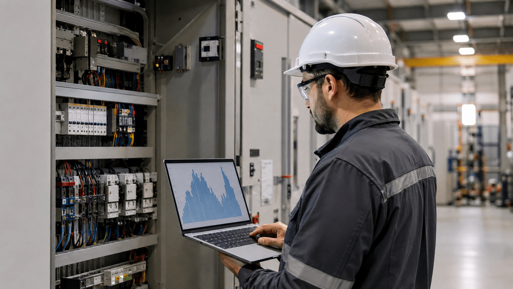 Audytor energetyczny analizujący profil zużycia energii na laptopie przy rozdzielnicy elektrycznej w zakładzie przemysłowym.