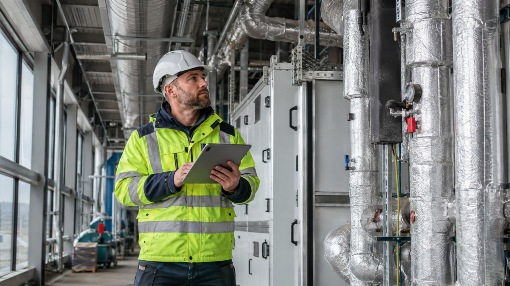 Audytor energetyczny analizujący instalację HVAC i ogrzewania w budynku przemysłowym podczas planowania termomodernizacji.