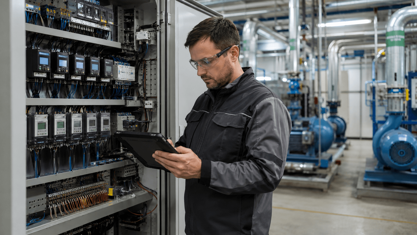 Audytor energetyczny analizujący dane z systemu monitoringu energii przy szafie elektrycznej w zakładzie przemysłowym.