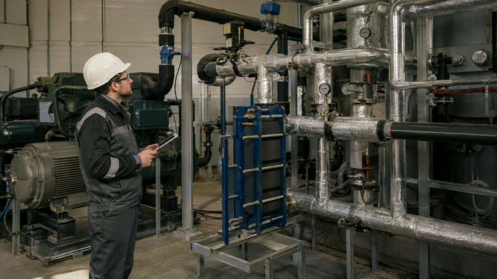 Audytor energetyczny kontrolujący instalację odzysku ciepła z wymiennikiem i rurociągami w zakładzie przemysłowym.