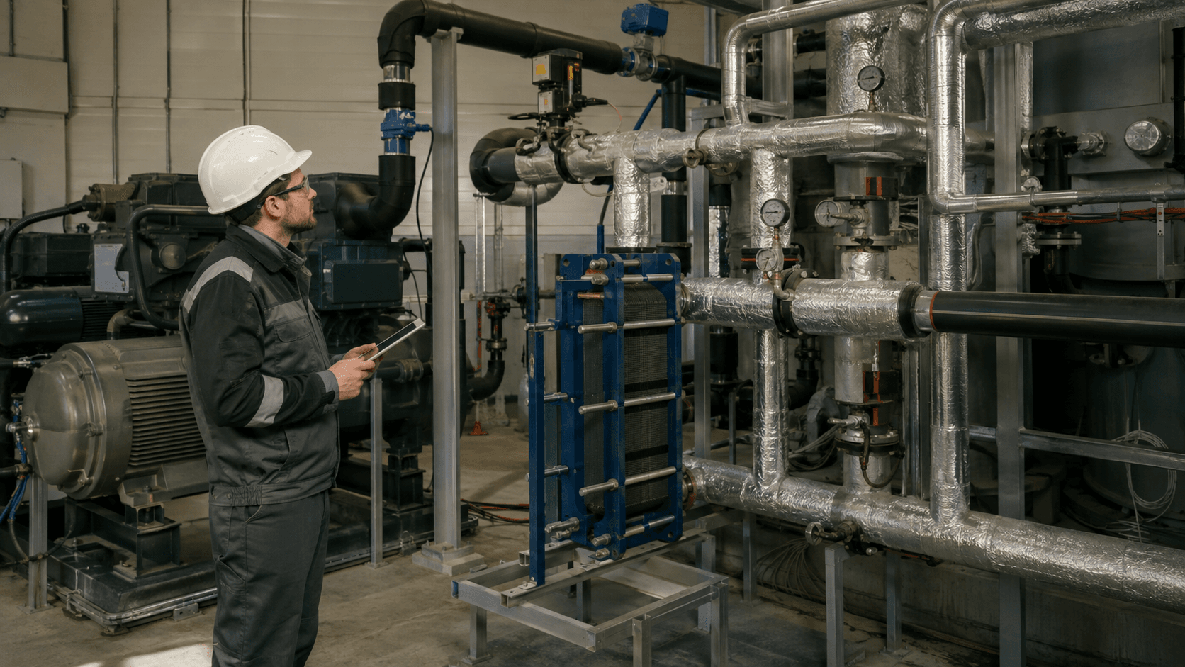 Audytor energetyczny kontrolujący instalację odzysku ciepła z wymiennikiem i rurociągami w zakładzie przemysłowym.