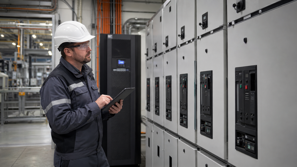 Audytor energetyczny analizujący rozdzielnicę elektryczną i infrastrukturę zasilania w zakładzie przemysłowym.