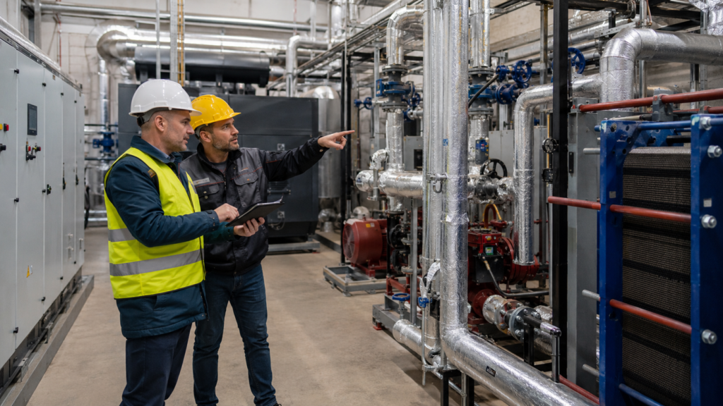 Eksperci techniczni analizują instalacje energetyczne w zakładzie przemysłowym podczas planowania modernizacji systemu energetycznego.