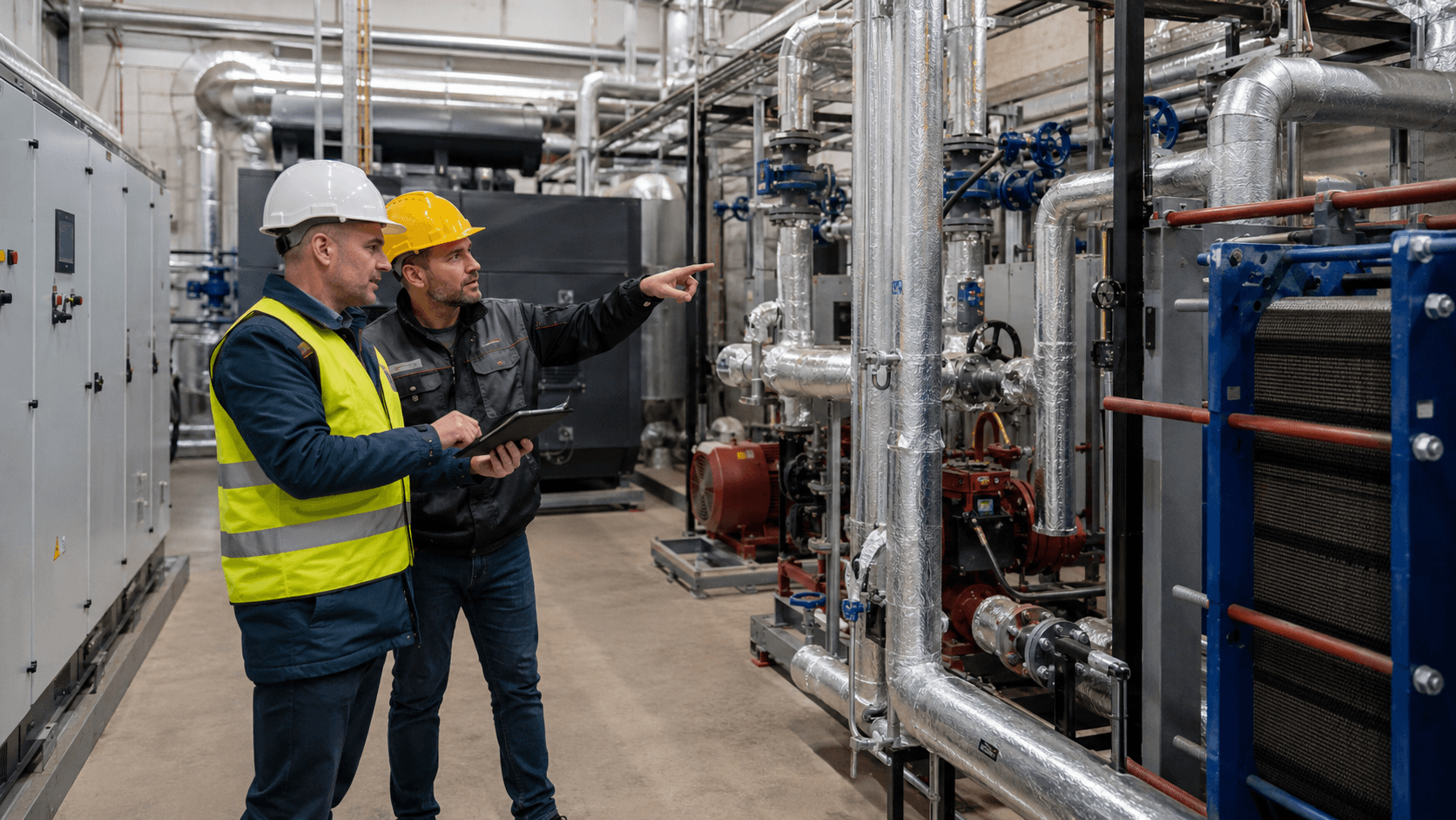 Eksperci techniczni analizują instalacje energetyczne w zakładzie przemysłowym podczas planowania modernizacji systemu energetycznego.