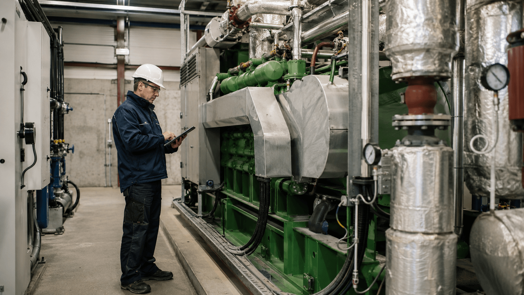 Inżynier kontrolujący przemysłowy agregat kogeneracyjny w zakładowej instalacji energetycznej