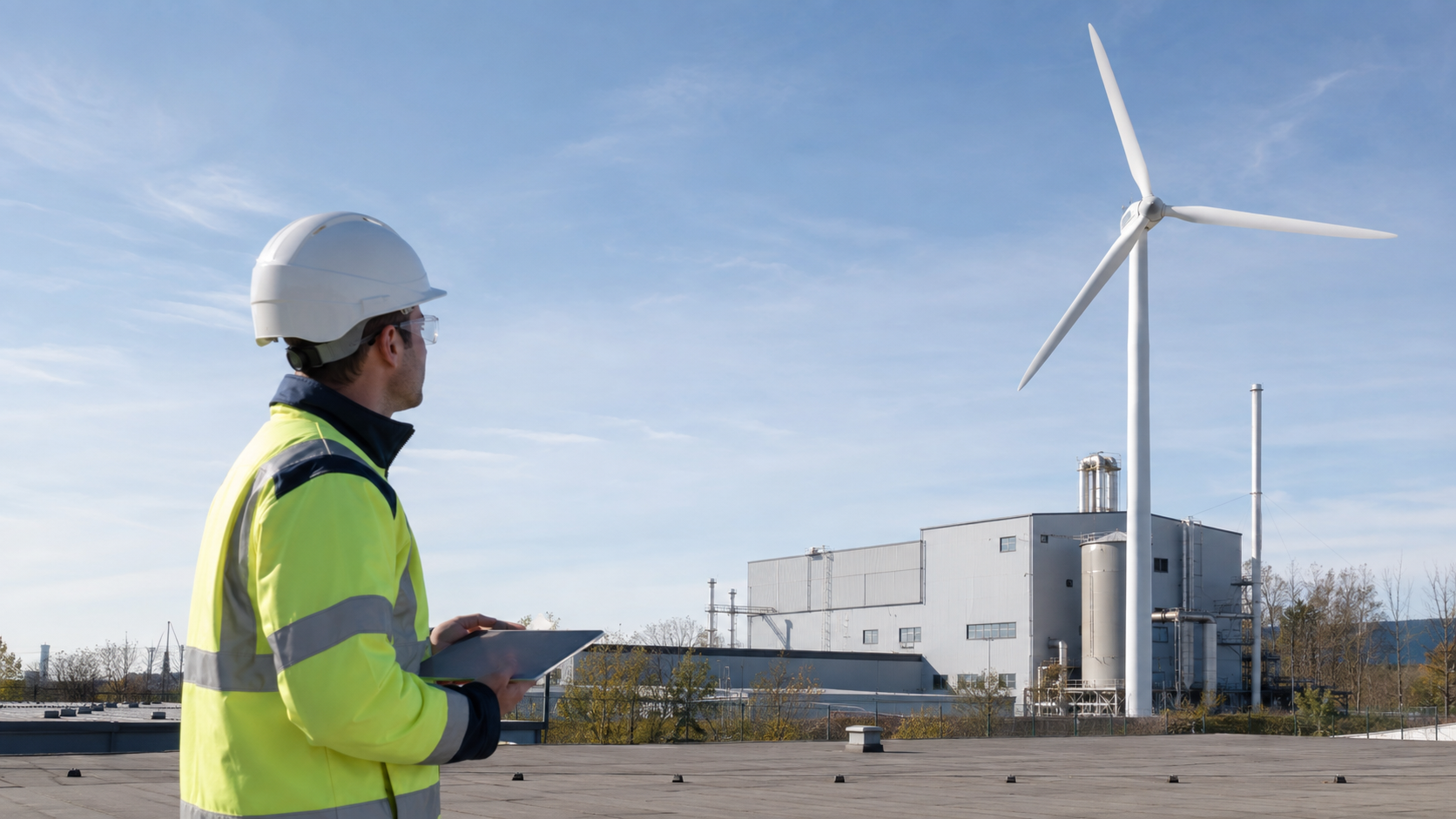 Audytor energetyczny analizujący turbinę wiatrową przy zakładzie przemysłowym – energia z wiatru dla przedsiębiorstw.