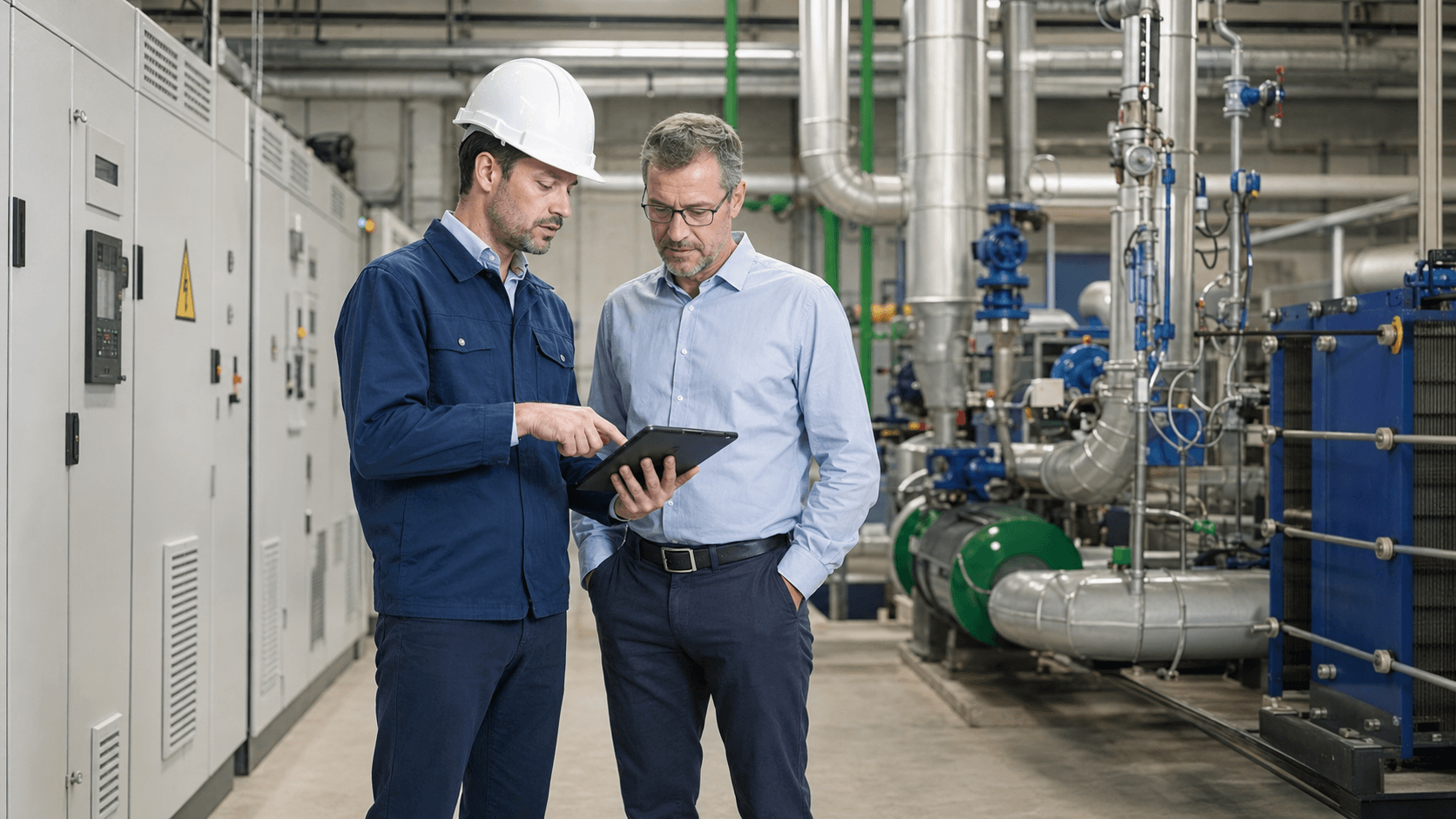 Inżynier i menedżer analizują modernizację energetyczną w pomieszczeniu technicznym zakładu przemysłowego
