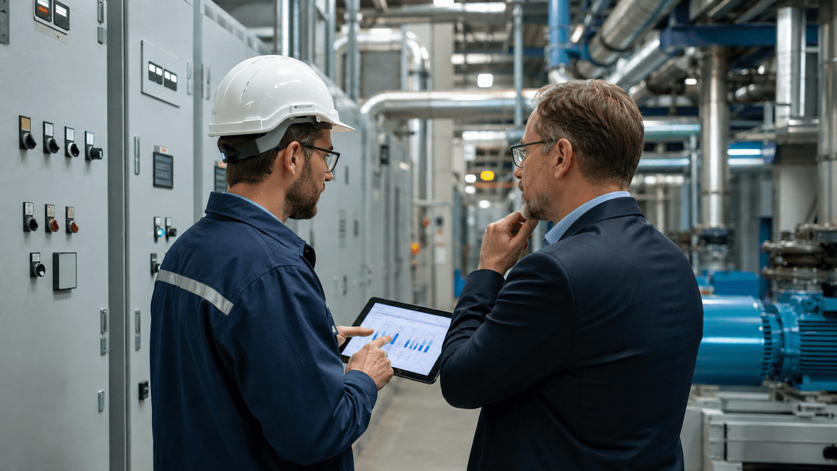 Audytor energetyczny i menedżer analizują dane dotyczące zużycia energii w zakładzie przemysłowym.