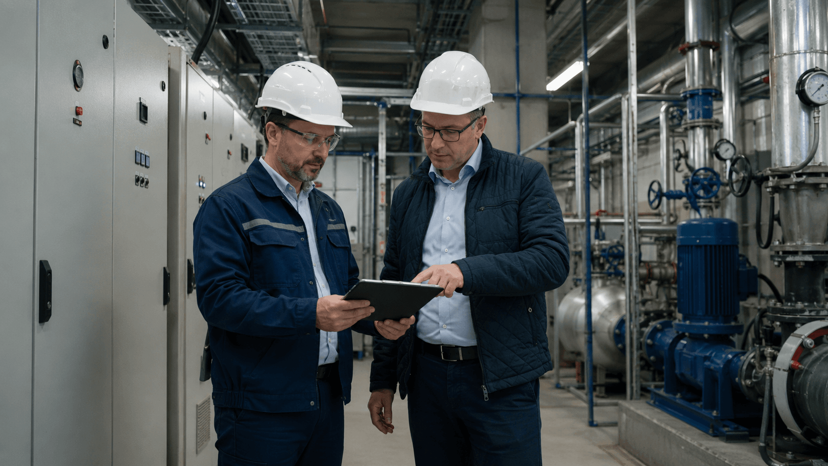 Eksperci analizują plan inwestycji energetycznej i wymagane formalności w pomieszczeniu technicznym zakładu przemysłowego.