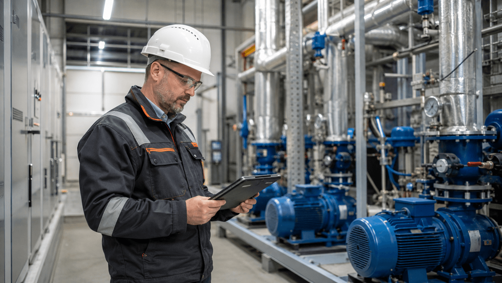 Audytor energetyczny analizujący instalację przemysłową podczas oceny możliwości uzyskania białych certyfikatów.