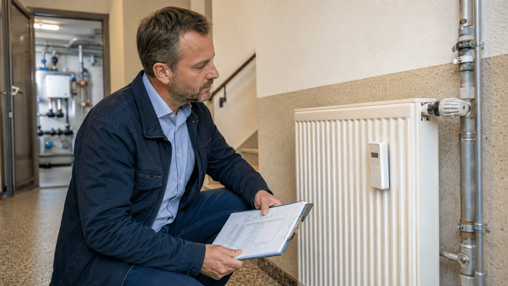Audytor analizujący grzejnik z elektronicznym podzielnikiem kosztów ogrzewania w budynku wielorodzinnym.