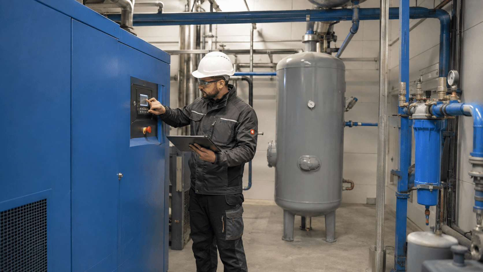 Audytor energetyczny podczas kontroli przemysłowej instalacji sprężonego powietrza w sprężarkowni.