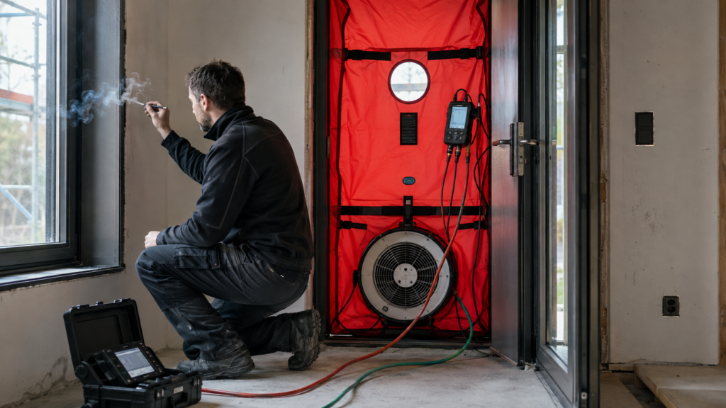 Badanie szczelności budynku metodą Blower Door z lokalizacją nieszczelności przy oknie.