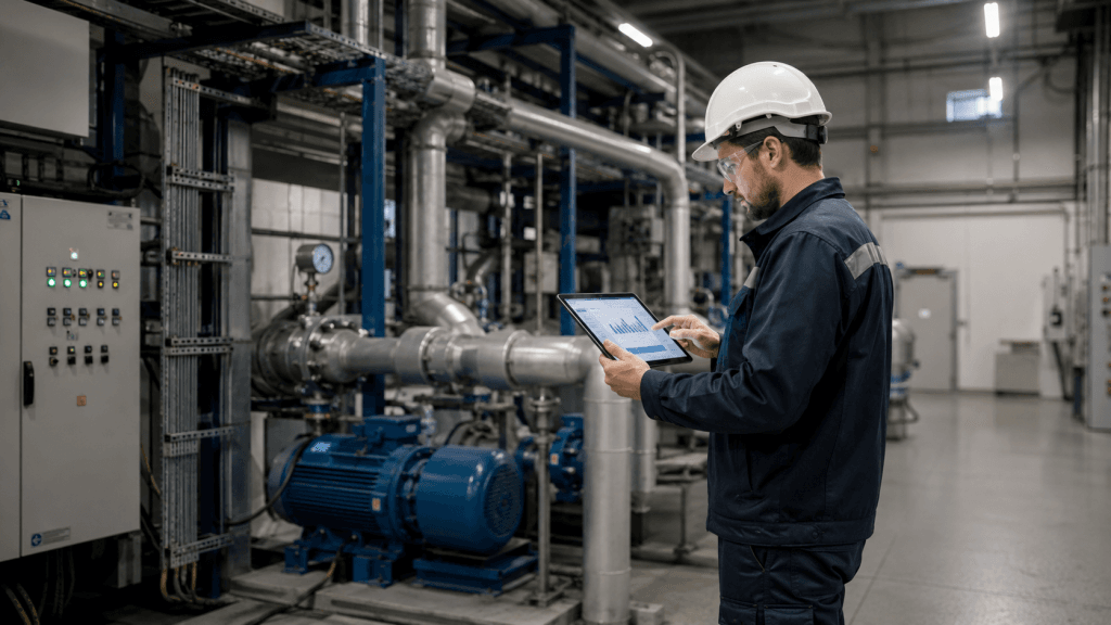 Specjalista analizujący dane o zużyciu energii na tablecie w instalacji przemysłowej w ramach systemu zarządzania energią ISO 50001