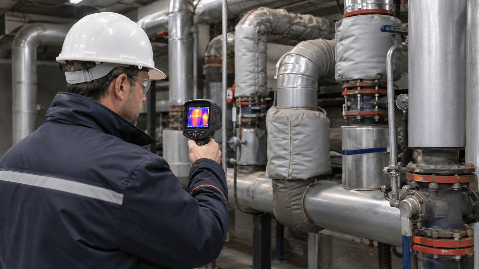Audytor wykonujący badanie termowizyjne instalacji ciepłowniczej kamerą termowizyjną w obiekcie przemysłowym.