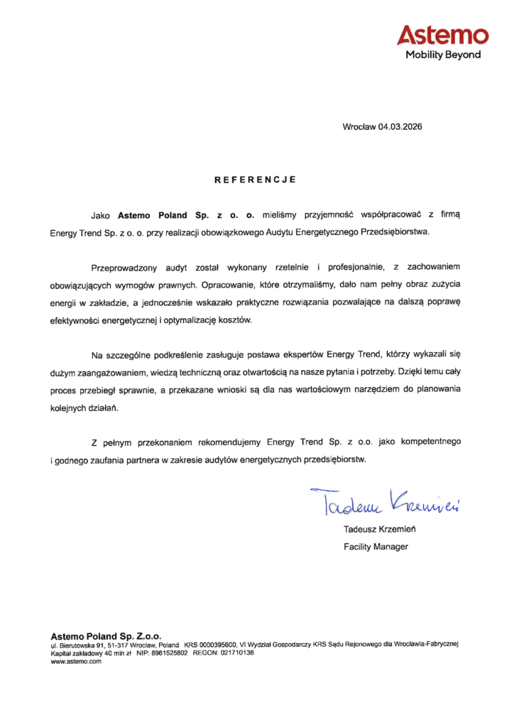 Referencje Energy Trend – Astemo Poland Sp. z o.o. – Audyt energetyczny przedsiębiorstwa