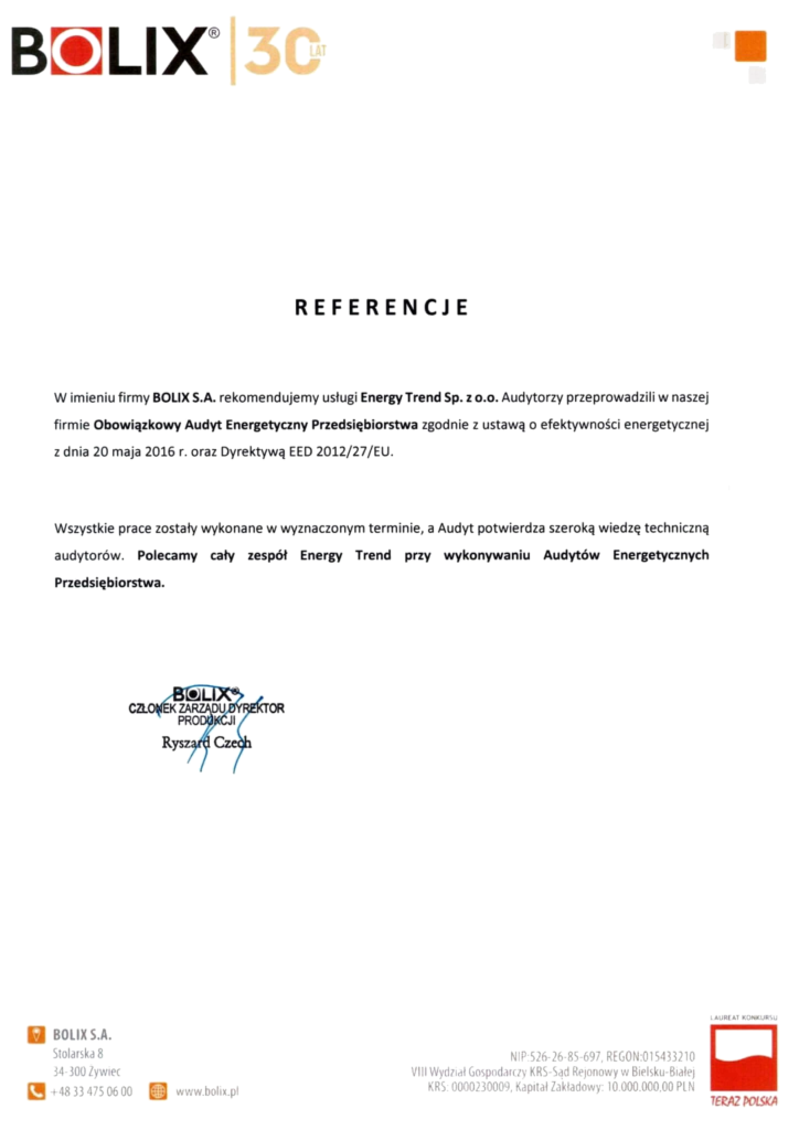 Referencje Energy Trend – BOLIX S.A. – Audyt energetyczny przedsiębiorstwa