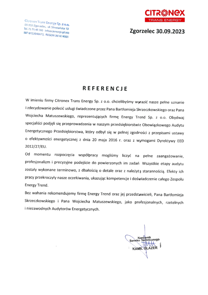 Referencje Energy Trend – Citronex Trans Energy Sp. z o.o. – Audyt energetyczny przedsiębiorstwa