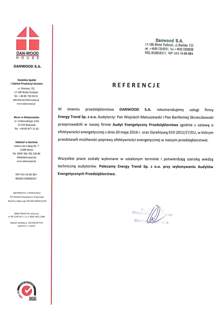 Referencje Energy Trend – Danwood S.A. – Audyt energetyczny przedsiębiorstwa