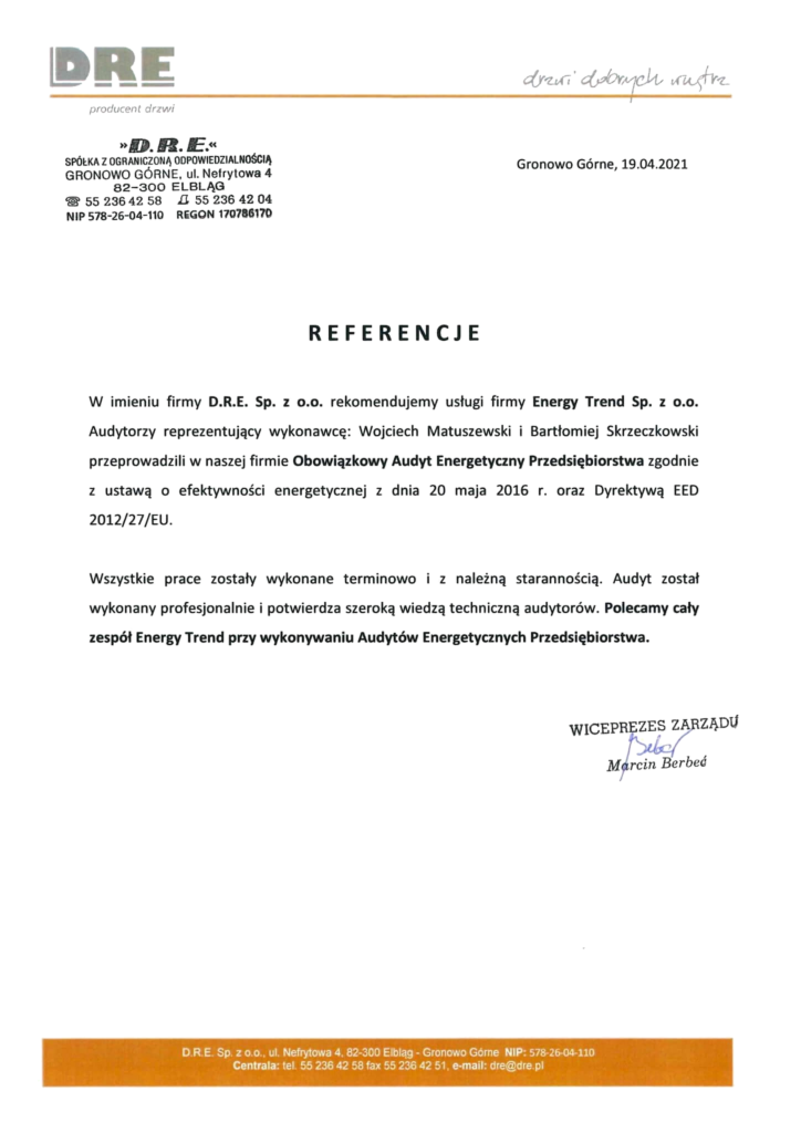 Referencje Energy Trend – D.R.E. Sp. z o.o. – Audyt energetyczny przedsiębiorstwa