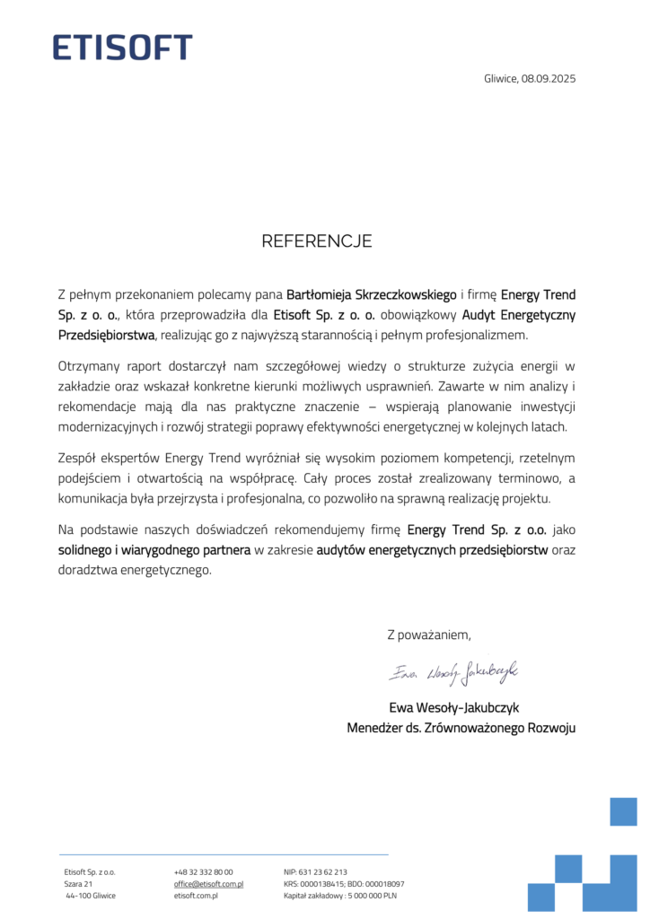 Referencje Energy Trend – Etisoft Sp. z o.o. – Audyt energetyczny przedsiębiorstwa