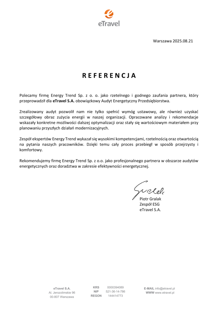 Referencje Energy Trend – eTravel S.A. – Audyt energetyczny przedsiębiorstwa