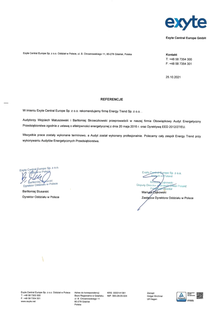 Referencje Energy Trend – Exyte Central Europe Sp. z o.o. Oddział w Polsce – Audyt energetyczny przedsiębiorstwa