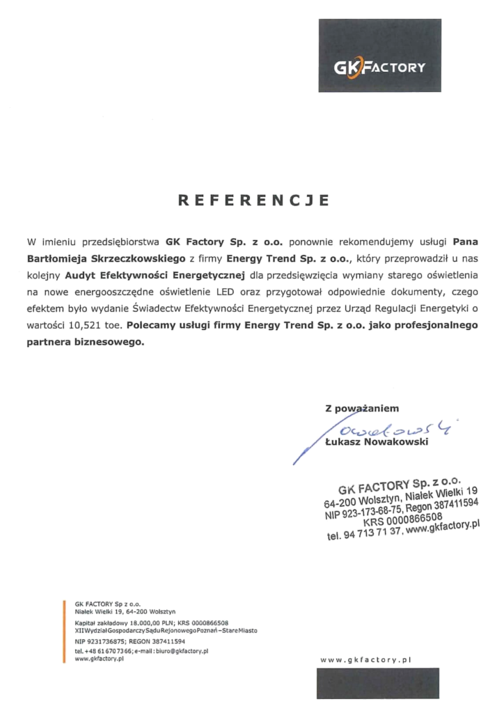 Referencje Energy Trend – GK Factory Sp. z o.o. – Audyt efektywności energetycznej