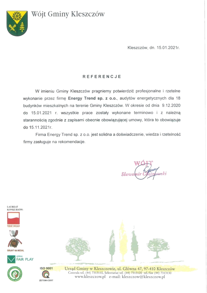 Referencje Energy Trend – Gmina Kleszczów – Audyt energetyczny budynku