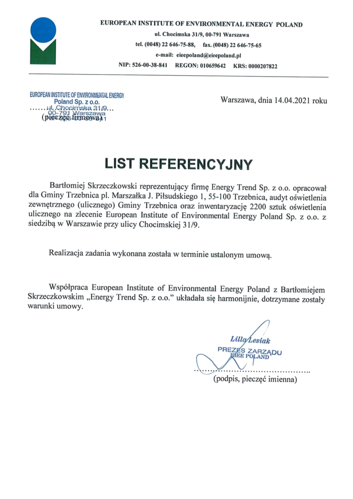 Referencje Energy Trend – Gmina Trzebnica / European Institute of Environmental Energy Poland – Audyt oświetlenia
