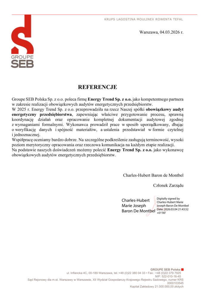 Referencje Energy Trend – Groupe SEB Polska Sp. z o.o. – Audyt energetyczny przedsiębiorstwa
