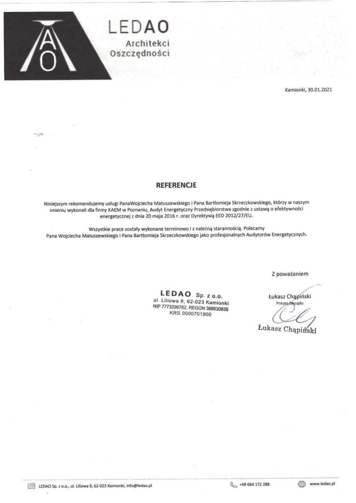 Referencje Energy Trend – KAEM / LEDAO Sp. z o.o. – Audyt energetyczny przedsiębiorstwa