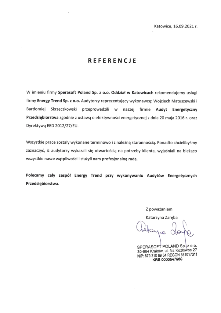 Referencje Energy Trend – Sperasoft Poland Sp. z o.o. Oddział w Katowicach – Audyt energetyczny przedsiębiorstwa