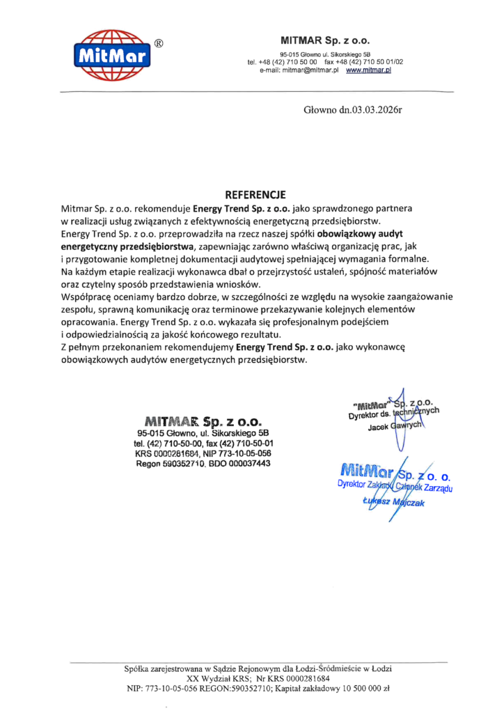 Referencje Energy Trend – Mitmar Sp. z o.o. – Audyt energetyczny przedsiębiorstwa