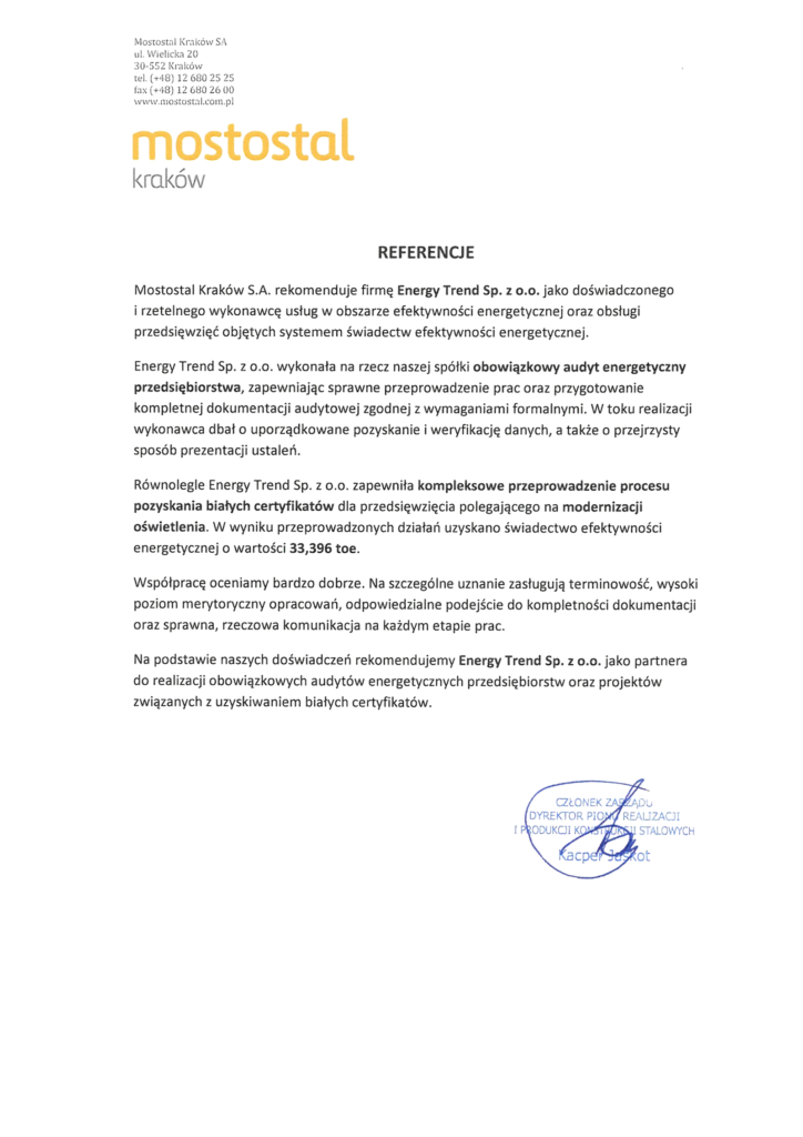 Referencje Energy Trend – Mostostal Kraków S.A. – Audyt energetyczny przedsiębiorstwa