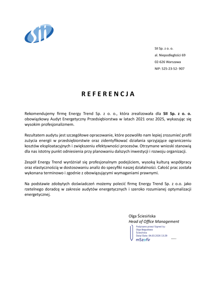 Referencje Energy Trend – SII Sp. z o.o. – Audyt energetyczny przedsiębiorstwa