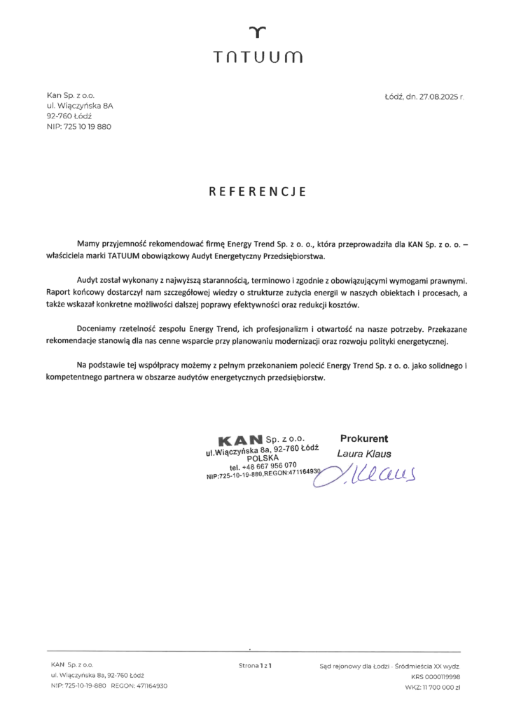 Referencje Energy Trend – KAN Sp. z o.o. / marka TATUUM – Audyt energetyczny przedsiębiorstwa