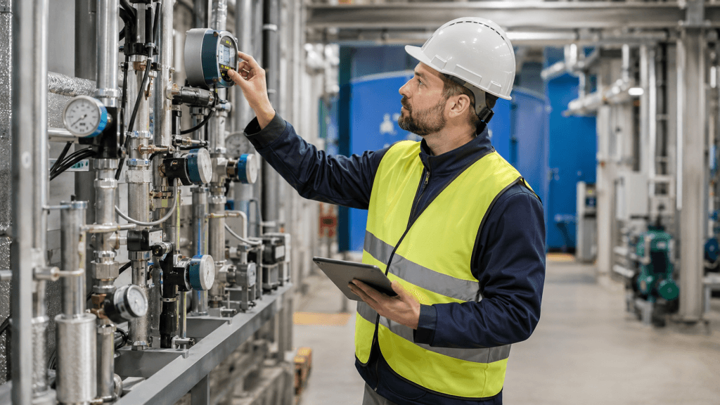Specjalista ds. energii sprawdzający instalację przemysłową podczas wdrażania systemu zarządzania energią ISO 50001.