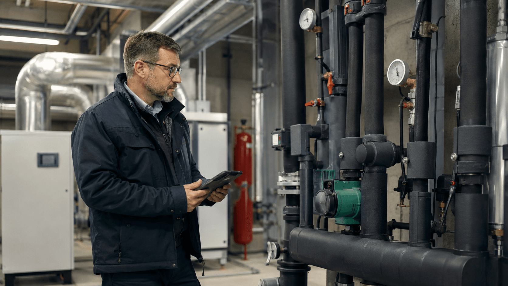 Audytor energetyczny analizujący instalację techniczną budynku podczas kontroli systemu grzewczego