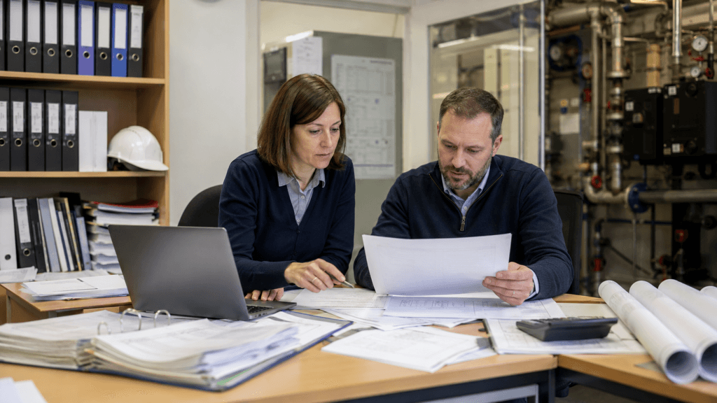 Eksperci analizują dokumentację techniczną podczas przygotowania świadectw energetycznych dla wielu budynków.