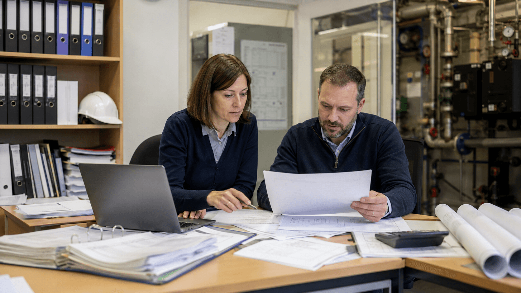 Eksperci analizują dokumentację techniczną podczas przygotowania świadectw energetycznych dla wielu budynków.