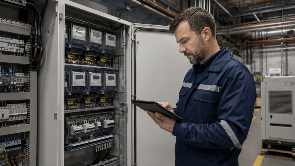 Audytor analizujący dane dotyczące dystrybucji energii elektrycznej przy rozdzielnicy w zakładzie przemysłowym.