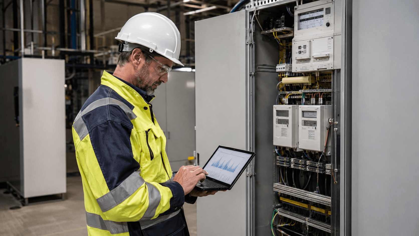 Audytor energetyczny analizujący profil poboru mocy przy rozdzielnicy elektrycznej w zakładzie przemysłowym