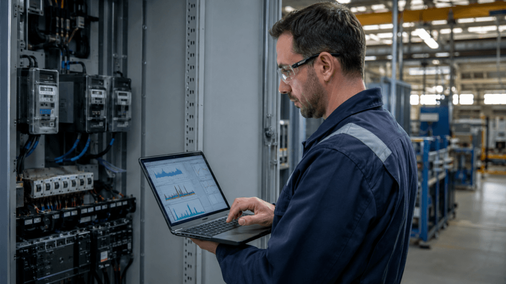 Ekspert analizujący profil poboru energii i parametry instalacji elektrycznej w zakładzie przemysłowym.