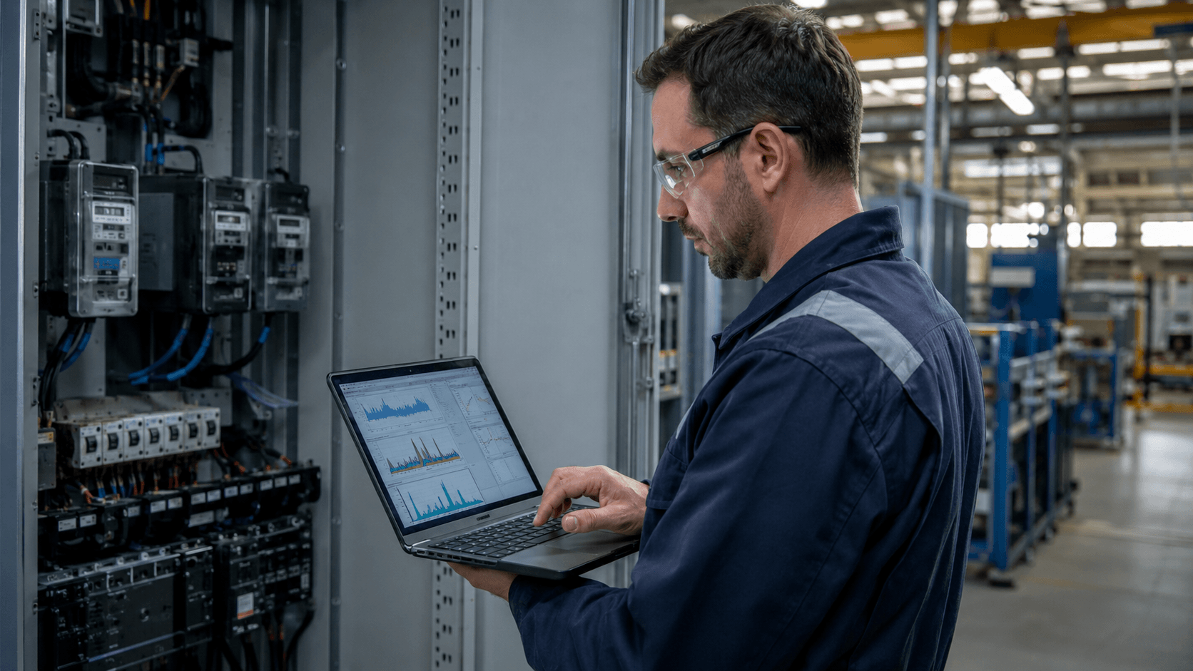Ekspert analizujący profil poboru energii i parametry instalacji elektrycznej w zakładzie przemysłowym.