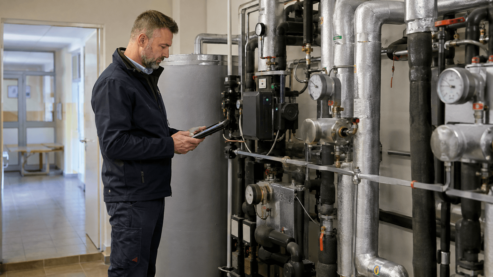 Audytor energetyczny sprawdzający instalację grzewczą podczas audytu energetycznego szkoły.