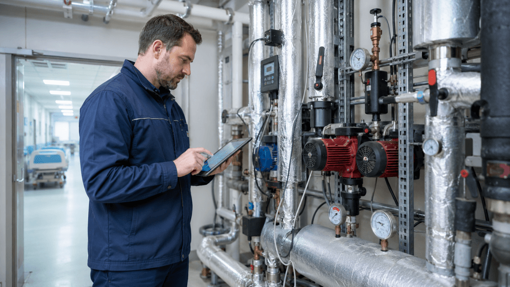 Audytor energetyczny analizujący instalacje techniczne podczas audytu energetycznego szpitala.