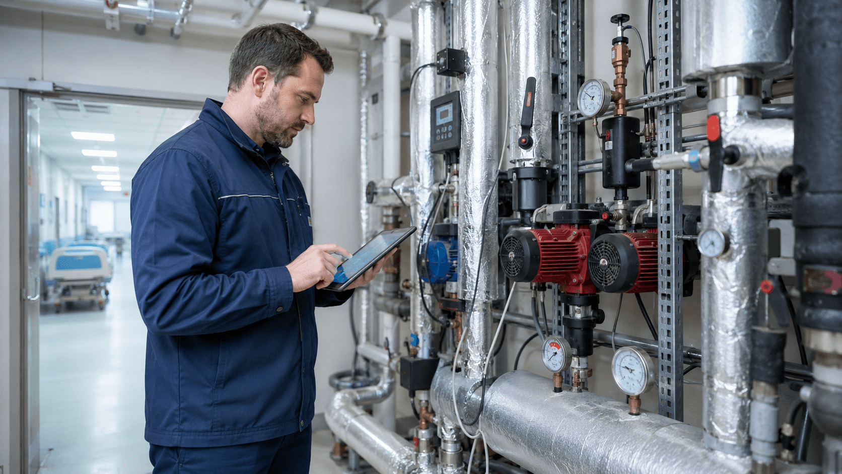 Audytor energetyczny analizujący instalacje techniczne podczas audytu energetycznego szpitala.