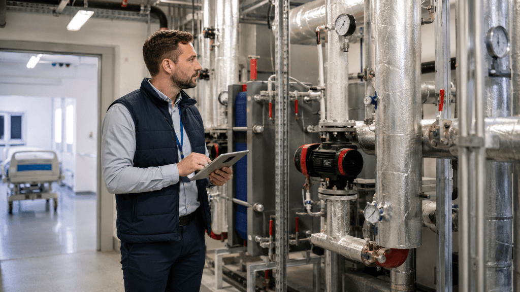 Audytor energetyczny sprawdzający instalacje techniczne i system grzewczy w budynku szpitalnym.