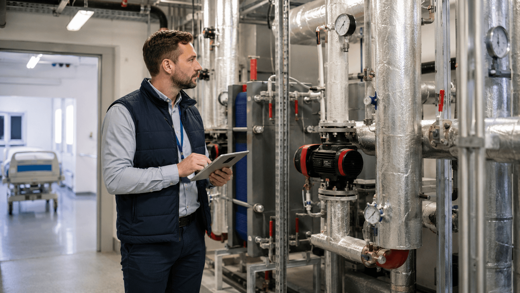 Audytor energetyczny sprawdzający instalacje techniczne i system grzewczy w budynku szpitalnym.